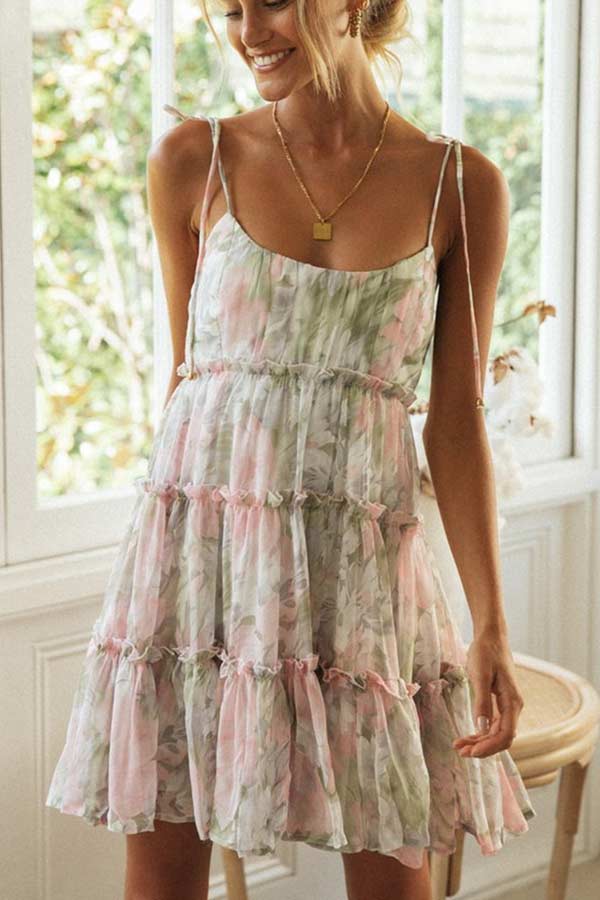 Dunnmall Fashion Lovely Print Sling Chiffon Dress