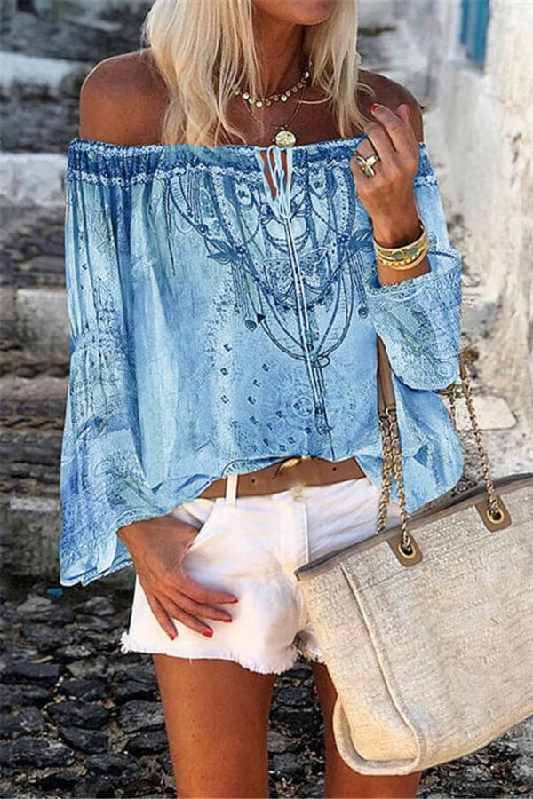 Dunnmall Fashion Print Flared Sleeve Chiffon Blouse