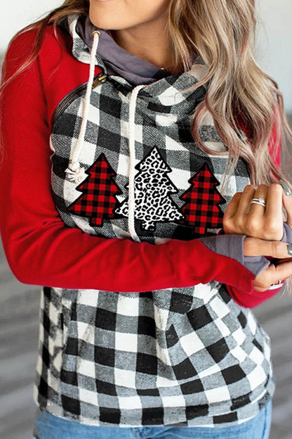 Dunnmall Christmas Plaid Patchwork Hooded Sweatshirt